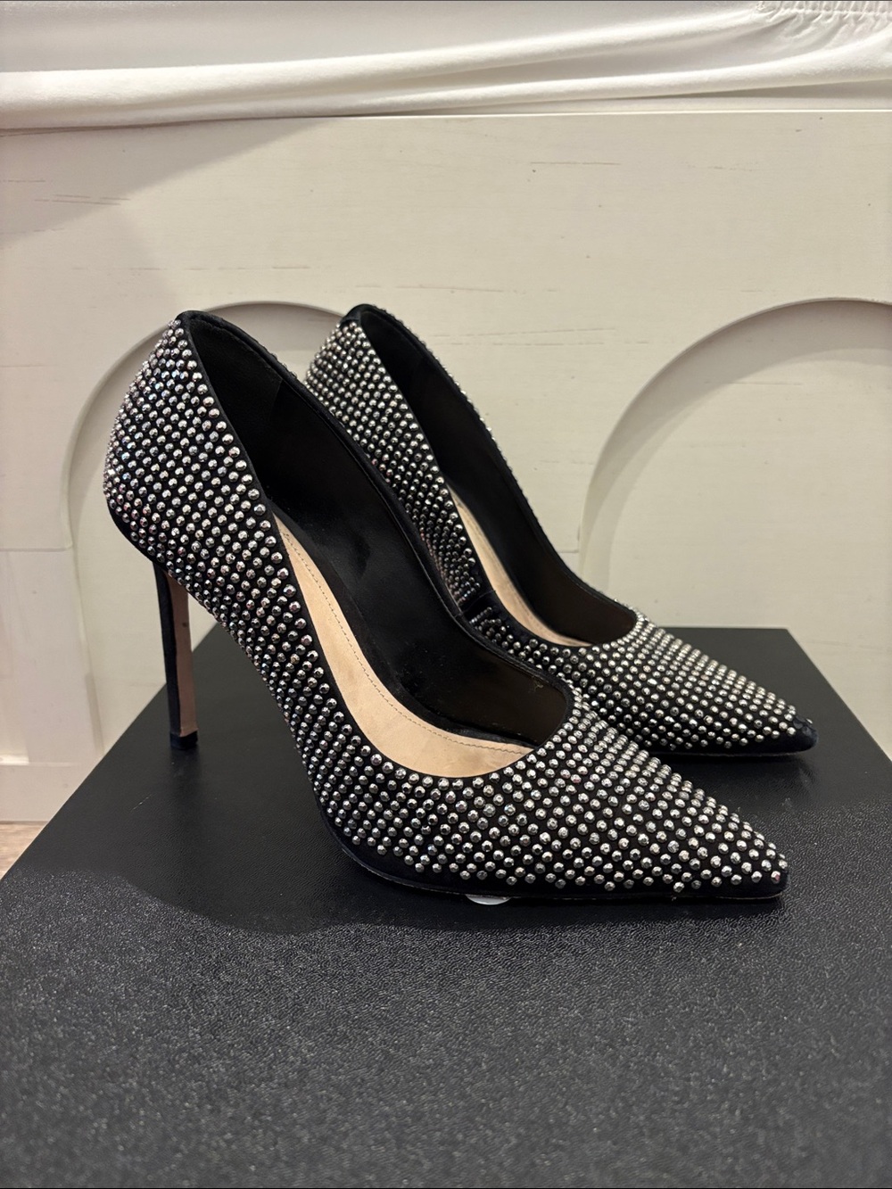 Schutz crystal/black studded stiletto pointed toe pumps
